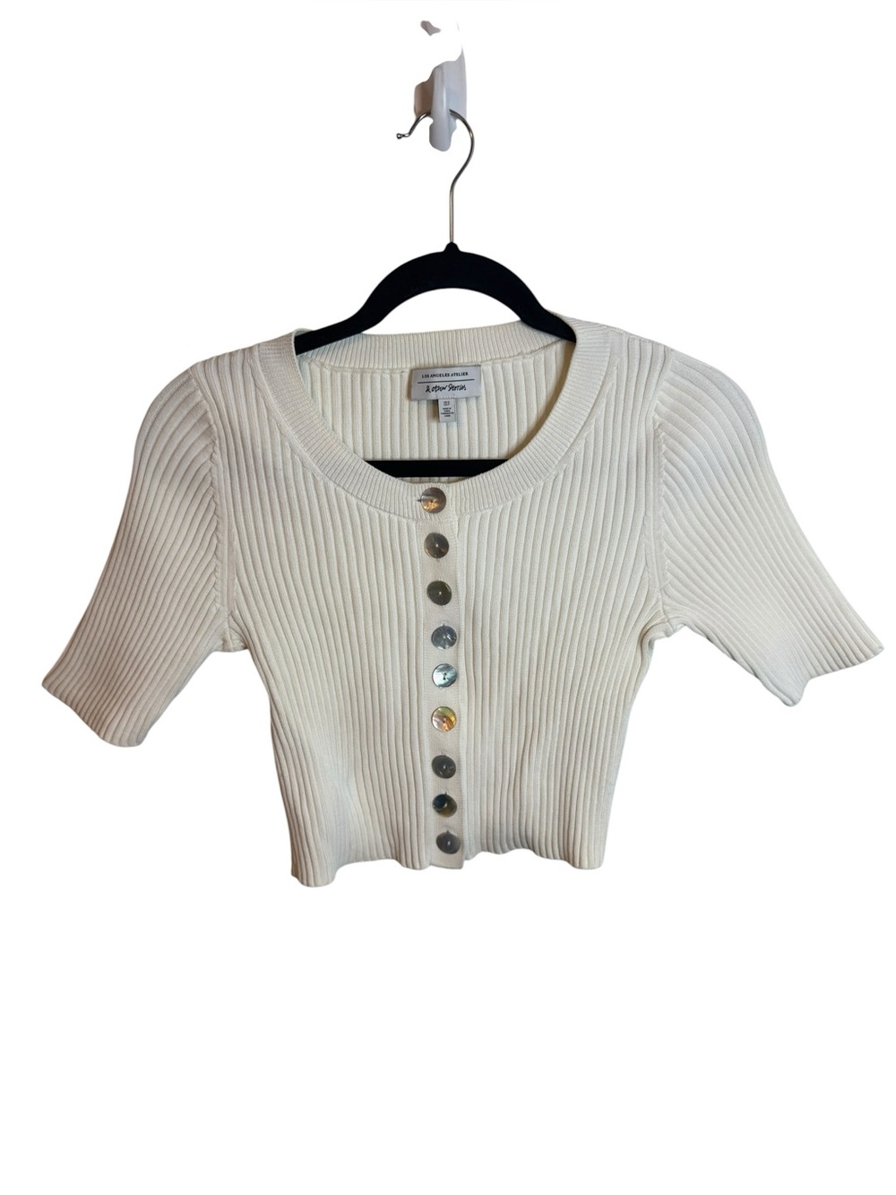 & Other Stories Cream Cropped Ribbed Shell Button Cardigan - Picture 2 of 7